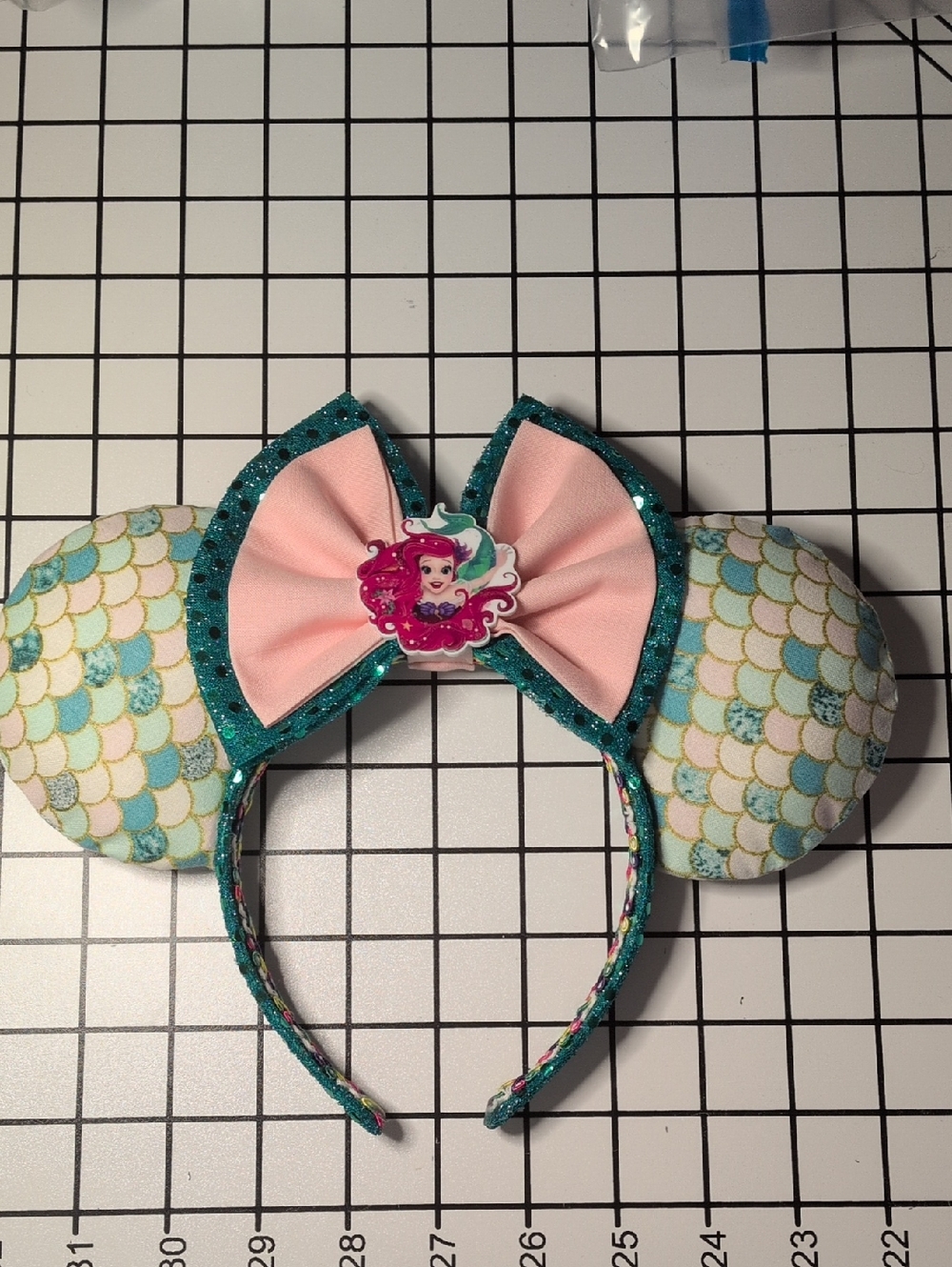 Mermaid Scale Minnie Ears Headband with Pink Bow